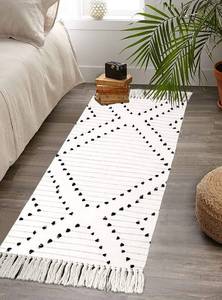 lot 6374 image: HAOCOO Boho Bathroom Runner Rug 2�� X 4.3��, Washable Woven Cotton Diamond Area Rug,Black and White Chic Moroccan Tribal Tassel Kitchen Rug,Throw Floor Mat Carpet Decorative for Living Room Bedroom