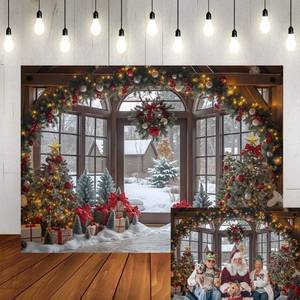lot 6388 image: Christmas Window Backdrop Winter Sonw Scenery Xmas Tree Interior Room Photography Background New Year Merry Christmas Holiday Family Party Decoration Photo Booth Props 7x5FT