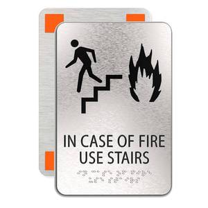 lot 6390 image: ADAsigns.org, IN CASE OF FIRE Use Stairs sign , ADA Compliant, Man, Fire & Stair Symbols, Brushed Silver, Raised Black Text, Non Tactile Pictograms, Grade 2 Braille, 6x9