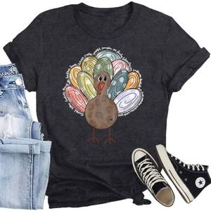 lot 6392 image: CQF Thanksgiving Shirt for Women Funny Turkey T-Shirt Cute Colorful Turkey Tee Tops Casual Fall Shirts size S color dark gray