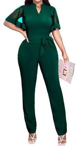 lot 6415 image: Oxgmoky Womens Jumpsuits Elegant Business V Neck Short Mesh Sleeve Sexy Dark Green Strap Straight Long Pants Rompers With Cummerbund size XL