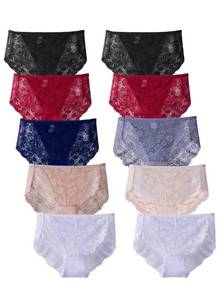 lot 6416 image: Cinvik Plus Size Underwear Sexy Lace Panties for Women High Waisted Black Briefs 10 Pack 1X