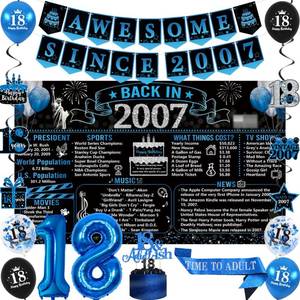 lot 6418 image: Trgowaul 18th Birthday Decorations for Boys, 20PCS Black Blue Back in 2007 Birthday Party Supplies, Blue Vintage Banner, Sash, 18th Cake Topper, Latex Balloon, 18 Year Old Set