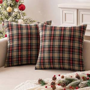 lot 6423 image: MIULEE Christmas Set of 2 Scottish Tartan Plaid Euro Sham Throw Pillow Covers Farmhouse Classic Decorative Outdoor Square Cushion Cases for Decor Sofa Couch 22x22 Inch, Khaki