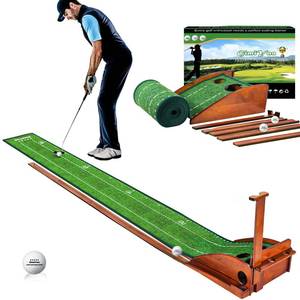 lot 7274 image: GimiYaa Golf Putting mat Green Indoor and Outdoor with Auto Ball Return,Game Practice Golf Gifts for Home, Office, Backyard Indoor Golf and Outdoor Use, Crystal Velvet Mat and Solid Wood Base (Brown)
