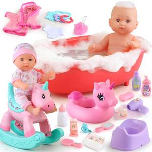 lot 7295 image: Baby Doll Bath Toys Set with Bathtub, 11 Baby Dolls, Rocking Chair,Swimming Ring, 2 Sets Baby Dolls Clothes and 15 PCS Doll Accessories.Perfect Pretend Play Toddler Toy Gift for Girls Aged 3 4 5 6.