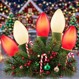 lot 7303 image: Red & White C9 Christmas String Lights, 25Ft Christmas Decorative Lights with 26 Red White Ceramic Bulbs(1 Spare), Waterproof Vintage Lights for Patio Yard House Xmas Garland Christmas Tree Decoration