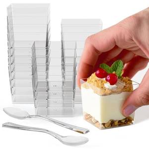 lot 7304 image: Exquisite Mini Dessert Cups With Spoons 400 Pcs - 3.6 Oz Square Plastic Dessert Cups Disposable With Tasting Spoons 200 Sets  Mini Parfait  Appetizers For Party