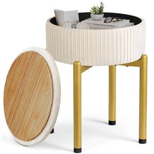 lot 8260 image: Memobarco 18-Inch Velvet Vanity Stool Chair with Storage, Vanity Bench with 4 Golden Metal Legs & Anti-Slip Adjustable Feet,Round Storage Ottoman Stool with Removable Soft Padded Seat, Beige
