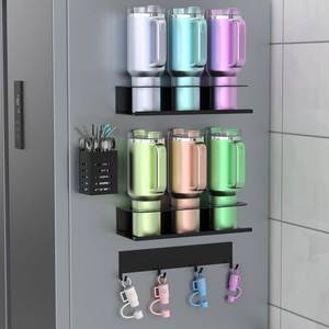 lot 8265 image: POLRAI 2 Pack Magnetic Stanley Cup Organizer Water Bottle Holder for Stanley 30&40 oz Tumbler with Lid Hook Straw Holder and Double Sided Tape Hold Stanley Cup Accessories for Kitchen Fridge Cabinet
