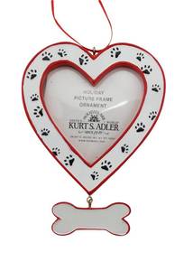 lot 8276 image: Kurt Adler Dog Heart Picture Frame - Bone Dangle and Paw Prints Ornament