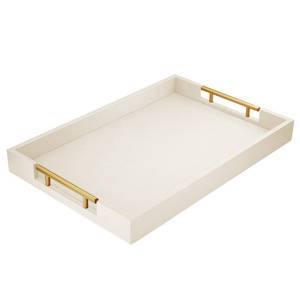 lot 8351 image: ATZYmolin 17 x 12 Wood Serving Tray with Gold Polished Metal Handles, Home Decorative Wooden Rectangle Ottoman Leather Decor Platter Bathroom Vanity Tray for All Occasions White