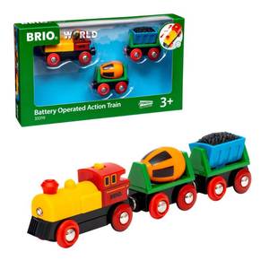 lot 8352 image: BRIO World Battery Operated Action Train - Motorized for Wooden Tracks - Kids Electric Set - Includes Moving Coal Wagon & Rotating Cement Mixer - Compatible with All Railway Sets - Kids Ages 3 & Up