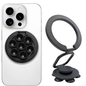 lot 8353 image: Magnetic Phone Holder wtih Suction Cup, Multifunctional Cell Phone Stand, Mount, Ring Grip, Kickstand Compatible with iPhone 1615141312 Series and Magsafe Case (Black)
