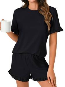 lot 8371 image: Rooscier Womens Cotton Pajama Set Frill Sleeve Round Neck Top and Ruffle Short Sleepwear Black Large