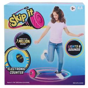 lot 8409 image: Just Play Skip It Retro Outdoor Toy, Light Up Ball and Digital Counter, Blue, Soft Foam Padded Ankle Ring, 31-inch Long, Screen Free Play, Toys for Kids Ages 5 Up