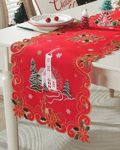 lot 8428 image: Christmas Table Runner with Embroidered Christmas Tree Church Poinsettia Reindeer Winter Farmhouse Christmas Decorations Indoor Home Party Decor 70 Inches Long