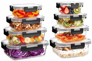 lot 9075 image: Belgol 8 Pack Glass Meal Prep Containers with Lids, Extra Thick Airtight Food Storage Set (310ml-1510ml10.5oz��51oz), Leakproof Lunch Boxes for Leftovers