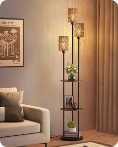 lot 9083 image: GOEBLESON Floor Lamp with Shelves, Boho Floor Lamp with Foot Switch, 3-Light Standing Lamp, for Living Room, Bedroom, Study, Rustic Brown and Yellow YF53LD05 ��Pieces missing