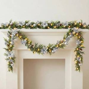 lot 9084 image: Crowye 2 Pcs 6.5 Ft Christmas Poinsettia Garland with Lights, 20 LED Artificial Pine Garlands Lighted Xmas Garland with Berries Pine Cones for Home Mantle Fireplace Stairs Decorations (Silver)