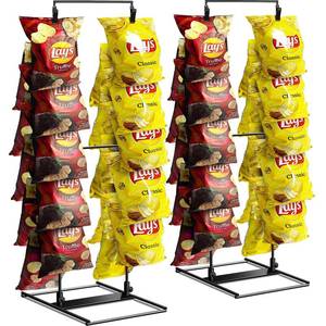 lot 9094 image: ROSROSE Chip Rack Display Stand 2 Pack, Potato Chip Display Rack with 24 Clips, 2 Row Chip Bag Holder for for Party Display, Snack Retail Display Rack Chip Stand Display for Countertop Store, Black