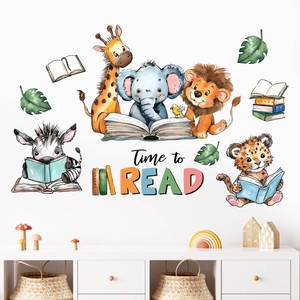 lot 12351 image: Mfault Time to Read Animal Book Wall Decals Stickers, Educational Elephant Lion Giraffe Nursery Decorations Classroom Bedroom Art, Zebra Leopard Plant Neutral Toddler Kids Reading Corner School Decor