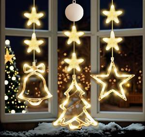 lot 12353 image: Hqyib 3 PCS Christmas Window Lights Decorations, Battery Powered Hanging Warm Lighted Star, Bell & Christmas Tree Shaped Shaped String LED Indoor for Xmas Tree, Window, Fireplace
