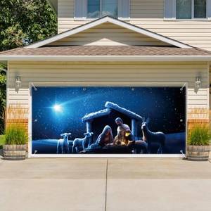 lot 15473 image: Renaiss 16x7ft Nativity Scene Garage Door Banner with Grommets Birth of Jesus Garage Door Cover Christmas Manger Scene Hanging Backdrop Church Event Decoration Fence Yard Porch Wall Christmas Decor
