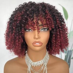 lot 15505 image: SOKU Short Kinky Curly Hair Wig with Bangs 10 Inch Ombre Burgundy Pink Red Afro Curly Wigs for Black Women Glueless Ready to Wear for Daily Party