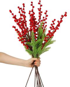 lot 15508 image: Jutom 8 Pack 21.6 Inch Christmas Artificial Red Berries Stems Holly Berry Stems with 30 Pieces Artificial Pine Branches Christmas Greenery Plants for Xmas Wedding Holiday Season Winter Home Decor
