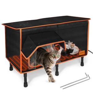 lot 15509 image: Heated Outdoor Cat House for Outside Winter 100% Waterproof Oxford Tarpaulin with Safe Escape Door and 5 Elevated Base with Heater for Feral Barn Cat Kitty (26��x20��x14��)