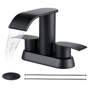 lot 15519 image: Ultimate Unicorn Black Waterfall Bathroom Faucet, 4 Inch Bathroom Sink Faucet for 3 Hole or 2 Hole, Anti-Splash Design Sink Faucets with Pop Up Drain, Easy Install for Vanity, RV, Lavatory