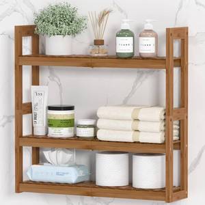 lot 15522 image: Domax Bathroom Shelves Over The Toilet Storage Shelf - 3 Tier Wall Mount Bamboo Bathroom Shelf Organizer Multifunctional Adjustable Layer Free Standing Utility Shelves for Living Room Kitchen