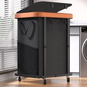 lot 15540 image: 150L (40 Gal) Large Fashion Laundry Basket with Wheels, Leather Patchwork Rolling Hamper Carts, Sturdy Metal Frame, Removable Washable Bag, Tall Clothes Sorter for Bedroom, Laundry Room - Black
