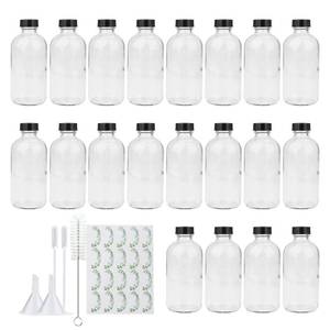 lot 15554 image: Maredash 8oz Clear Glass Bottles, 20 Pack Glass Storage Bottles with Black Lids (20 Labels, with Funnels, Droppers and Brush)