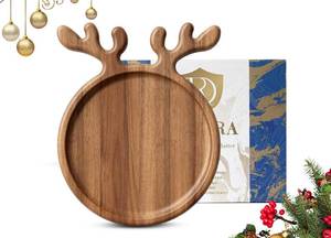 lot 15562 image: Dofira Acacia Antler Christmas Serving Platter, 12 x 15 Round Wooden Food Dish, Serving Dishes Charcuterie Board Tray for Cheese Fruit Bread, Christmas Platter for Housewarming Decro Wedding