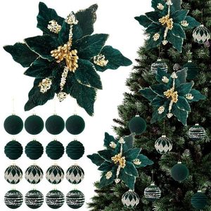 lot 16306 image: 22Pcs Dark Green Velvet Christmas Ornaments Balls Artificial Poinsettia Flowers Set for Tree Hanging Decor, Glitter Magnolia for Wreath Fireplace Stairs Xmas Tree Decor