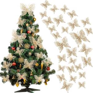 lot 16319 image: Jutom 36 Pcs Christmas Tree Butterfly Ornaments 3 Sizes 3D Glitter Hollow Butterfly Decorations Xmas Butterflies Wall Hanging Decor with Clips and Stems for Christmas Tree Wreath (Champagne Gold)