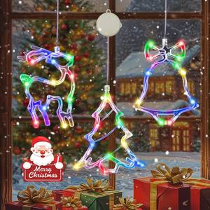 lot 16327 image: 3 Pack Christmas Window Lights, Multicolor X-Mas Tree, Reindeer, Bell Lights, Battery Operated Christmas Window Decorations Light up with Suction Cup and Timer Function for Window Glass Wall Decor