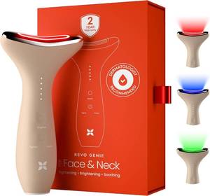 lot 16358 image: REVO Genie  3-in-1 Face & Neck Beauty Massager with Heat, 3 Light Therapies, Smart Vibration  Red Light, Blue Light, Green Light Therapy for Wrinkles, Hyperpigmentation, Acne & More - Beige