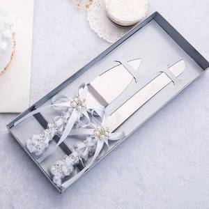 lot 4056 image: TIHOOD Set of 2 Rustic Wedding Cake Knife and Serving Set with Twine Heart Love Wood Tag Burlap Lace Wedding Cake Knife