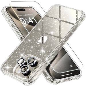 lot 4066 image: BERFY for iPhone 15 Pro Max Case Glitter, with 9H Tempered Screen Protector  3X Diamond Camera Lens Protectors, Non-Yellowing Women Clear Sparkly Cute Bling Hard Shockproof Cover 6.7, Shiny Clear
