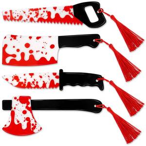 lot 4090 image: Halloween Horror Bookmarks Set of 4, Acrylic Bloody Knife Axe Saw Cleaver Bookmarks with Tassels, Scary Horror Reading Accessories for Halloween Gifts