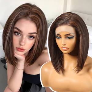 lot 4095 image: KOME Brown Highlight Synthetic Lace Front Wig,13�6 Short Straight Glueless Bob Wig for White Women Daily Use 10IN