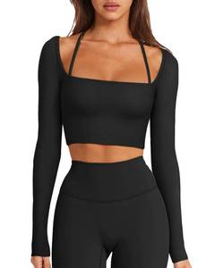 lot 4099 image: LASLULU Long Sleeve Workout Tops for Women Sexy Square Neck Crop Tops Cropped T Shirts Exercise Going Out Tops with Built in Bra(Black Small)