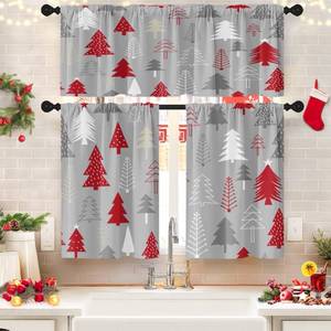 lot 4104 image: Britown Christmas Kitchen Curtains Christmas Tree Grey RedWindow Curtains Valance and Tier Set 36 Inch Rod Pocket Short Tier Curtain for Room Kitchen Decor