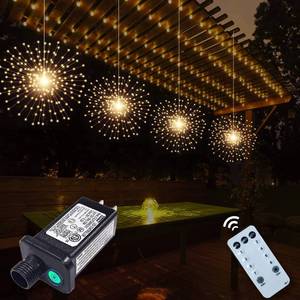 lot 4107 image: 4 Pack 800 LED Plug in Starburst Sphere Lights,Firework Light 8 Modes Dimmable Remote Control,Waterproof Copper Wire Hanging Fairy Lights for Patio Parties Tent Christmas (Warm White)