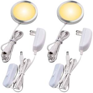 lot 4109 image: Lvyinyin Single LED Kitchen Under Cabinet Puck Light, 120V Direct Wall Plug in Closet Cupboard Night Light, Easy to Mount, Inline On Off Switch, White Wires, 2 Packs, Warm White