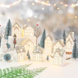 lot 4120 image: Spdmhyo 29Pcs Ceramic Christmas Village Set with Tea Light Pine Trees Xmas Street Lamp White Porcelain House Mantle Tabletop Christmas Decoration(Built in LR44)