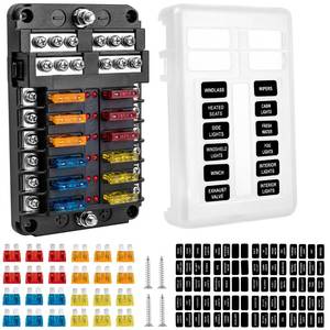 lot 4161 image: BetyBedy 12 Way Fuse Block, 12V Marine Fuse Box with LED Indicator, Automotive 12-Circuit Blade Fuse Block with Waterproof Cover for RV Motorcycle Boat Vehicle, 24PCS Fuses �� Tip Stickers Included